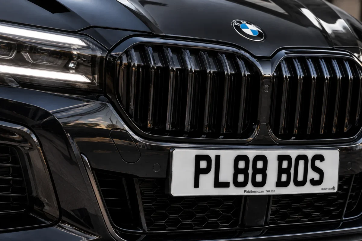 Number Plate Spacing: UK Rules for Private Plates 3 Correct number plate spacing on a front plate, with the gap between the numbers and the letters (demo registration PL88 BOS)