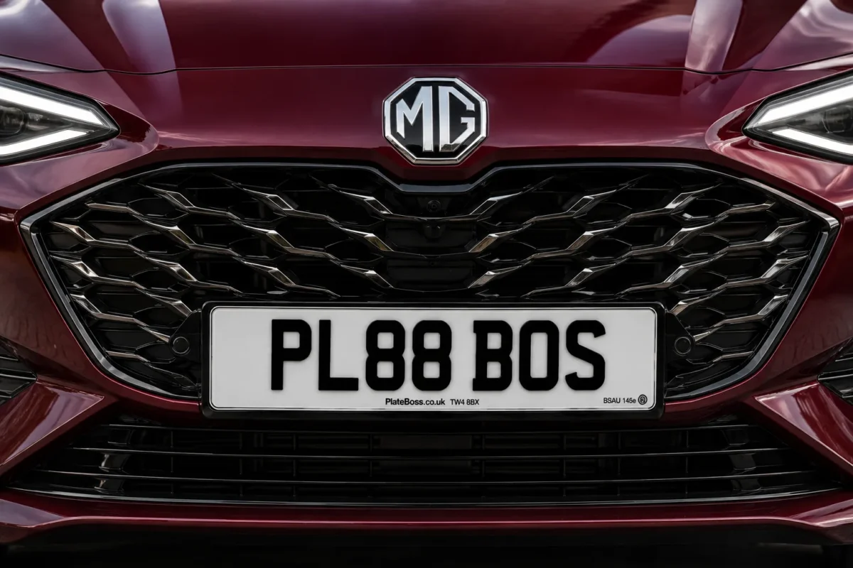 Front Number Plate Law UK: Do You Need One and Where Does It Go? 2 Front number plate law UK in practice: a road-legal white front plate fitted centrally on an MG grille (demo registration PL88 BOS)