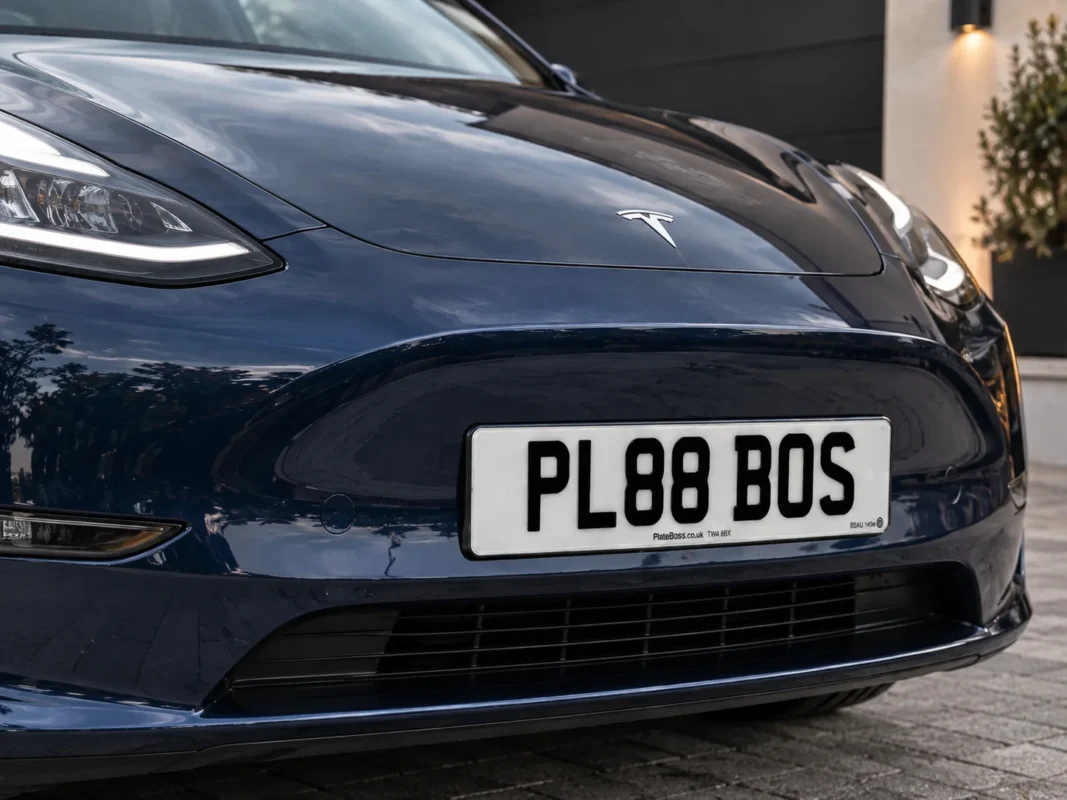 How to Install Number Plates: Pads or Screws, Step by Step 2 How to install number plates: a new road-legal plate fitted to the front of a Tesla (demo registration PL88 BOS)