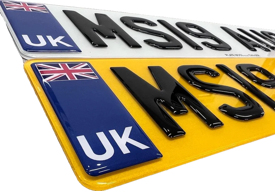 Number Plate Flags and Badges: What's Legal in the UK? 3 Number plate flags: front and rear plates with gel UK badges and the Union flag, made at PlateBoss